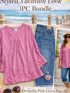 BUNDLE 3PC Vacation Bundle Pink Linen Top Croft & Barrow Capri Jeans Necklace